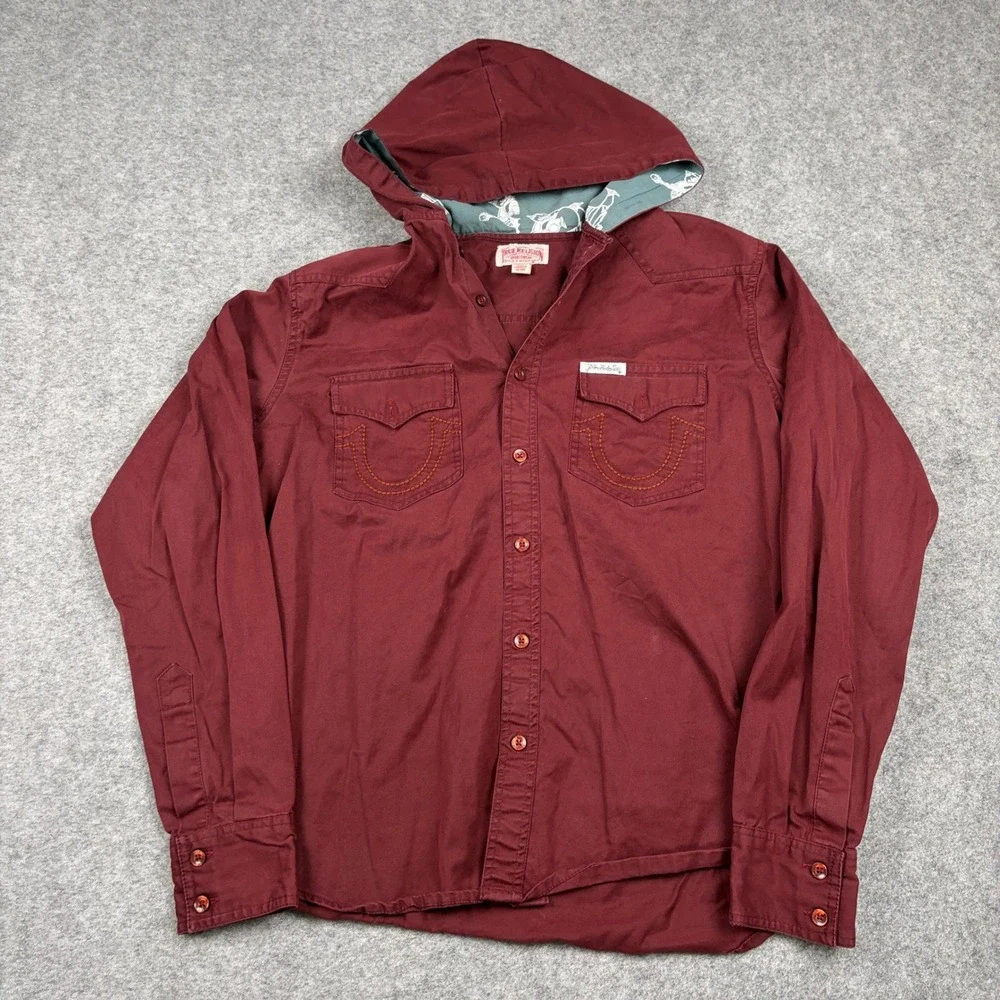 Y2K True Religion Hooded Western Shirt Mens Large Maroon Skater Grunge Surf 00s